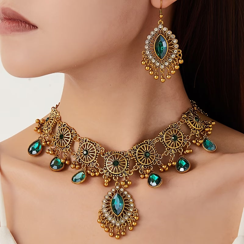 Vintage Tribal Hollow Tassel Necklace & Earrings Jewelry Set