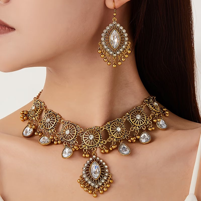 Vintage Tribal Hollow Tassel Necklace & Earrings Jewelry Set