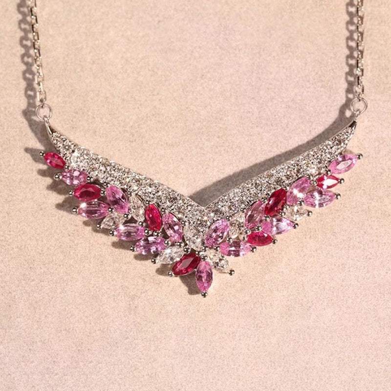 Luxury Pink Synthetic Zirconia Flower Necklace for Women