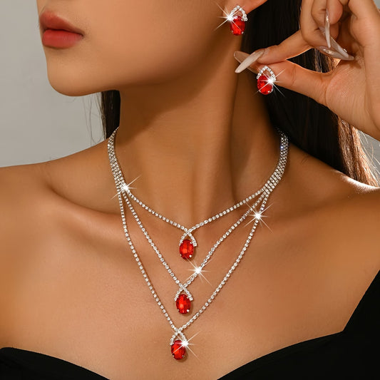 Elegant 3-Tier Blue Gemstone Necklace and Rhinestone Earring Set