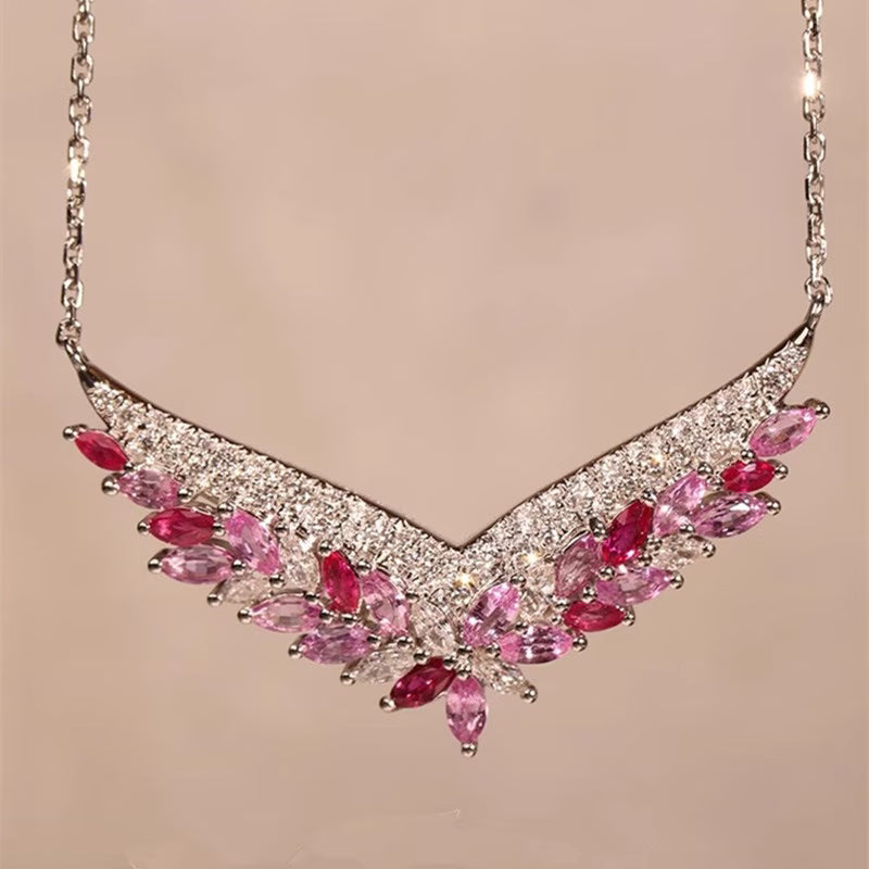 Luxury Pink Synthetic Zirconia Flower Necklace for Women