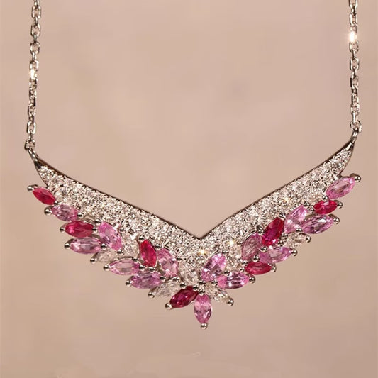 Luxury Pink Synthetic Zirconia Flower Necklace for Women
