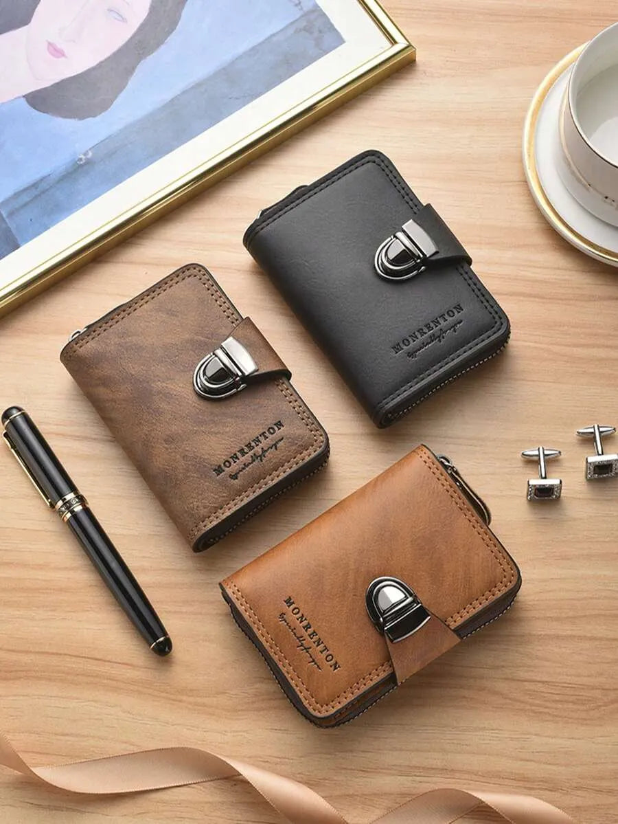 Men’s Vintage Leather Wallet – Compact Zipper & Snap Closure Wallet