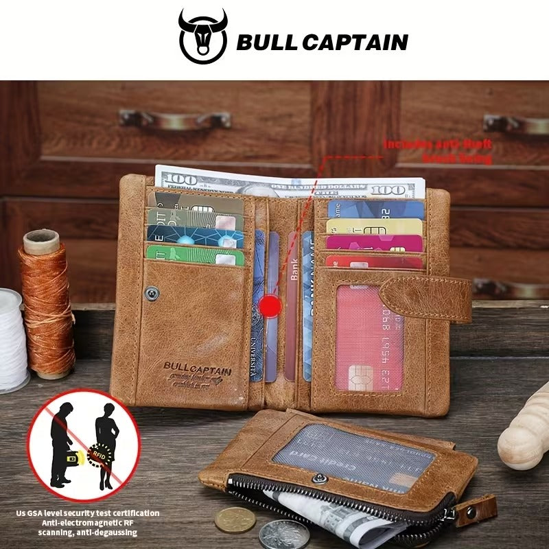 BullCaptain Men’s Vertical Retro Leather Business Wallet