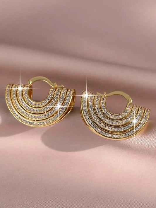 Luxury Vintage Fan-Shaped Cubic Zirconia Hoop Earrings