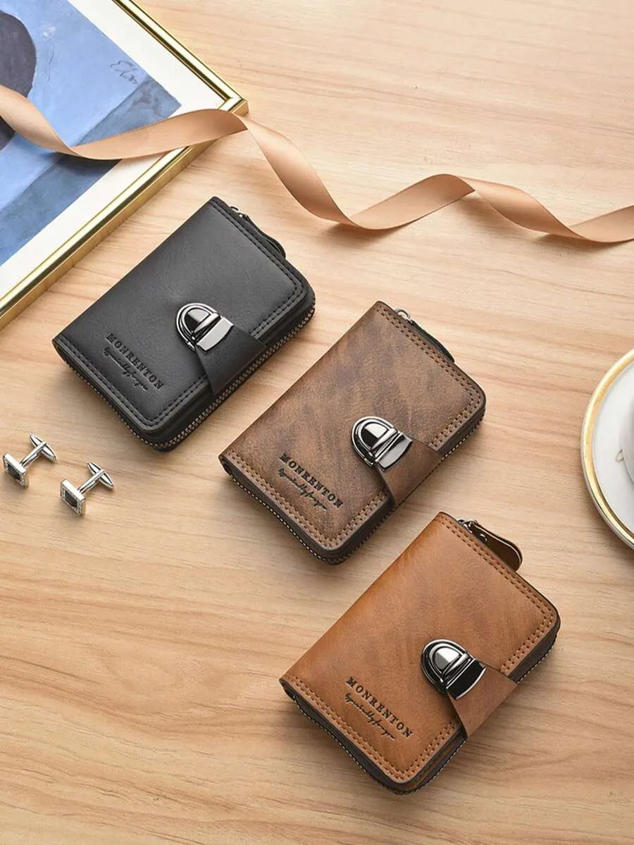 Men’s Vintage Leather Wallet – Compact Zipper & Snap Closure Wallet