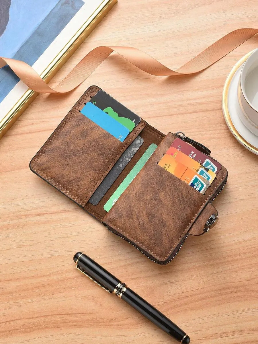 Men’s Vintage Leather Wallet – Compact Zipper & Snap Closure Wallet
