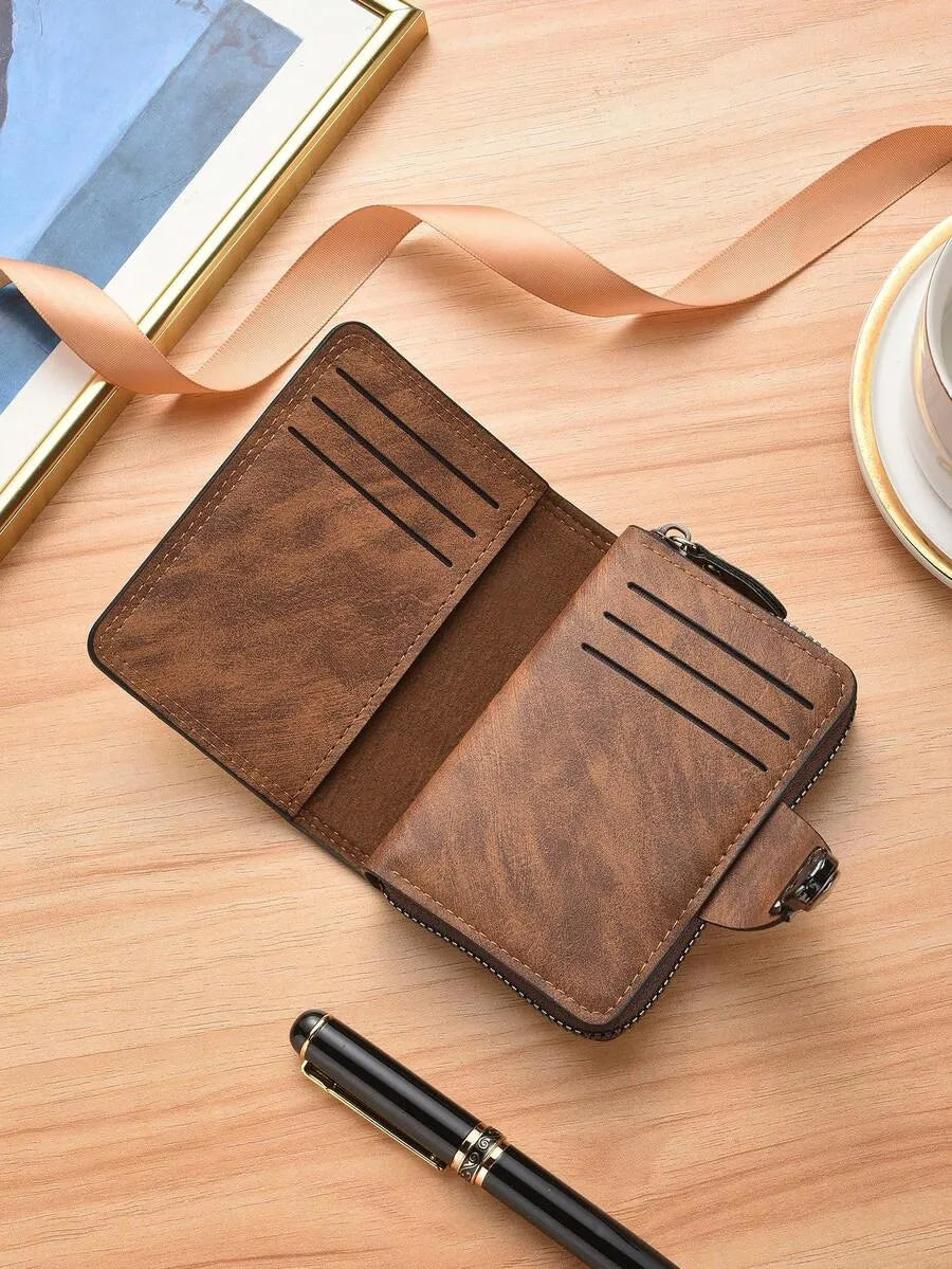 Men’s Vintage Leather Wallet – Compact Zipper & Snap Closure Wallet