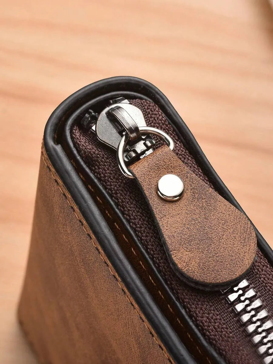 Men’s Vintage Leather Wallet – Compact Zipper & Snap Closure Wallet