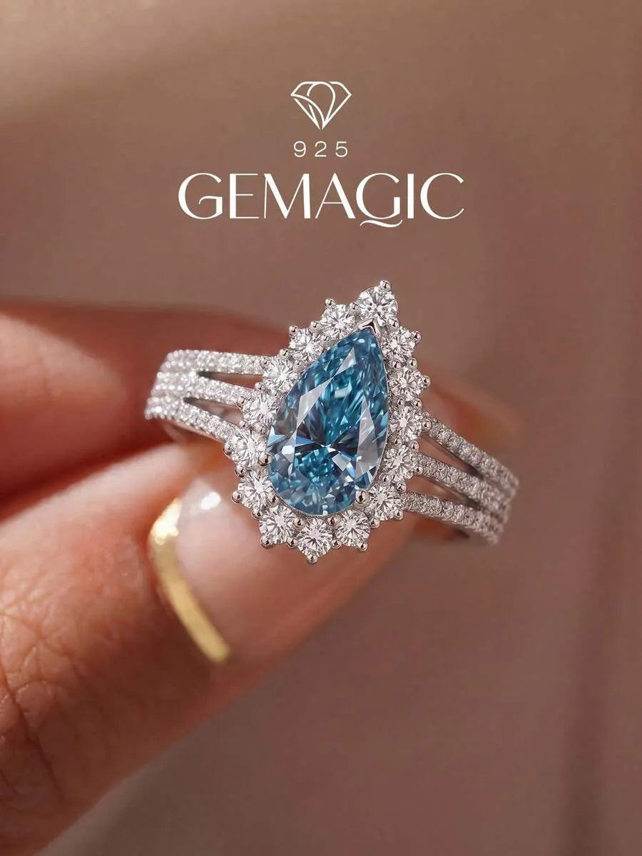Royal Blue 925 Sterling Silver Cubic Zirconia Teardrop Ring