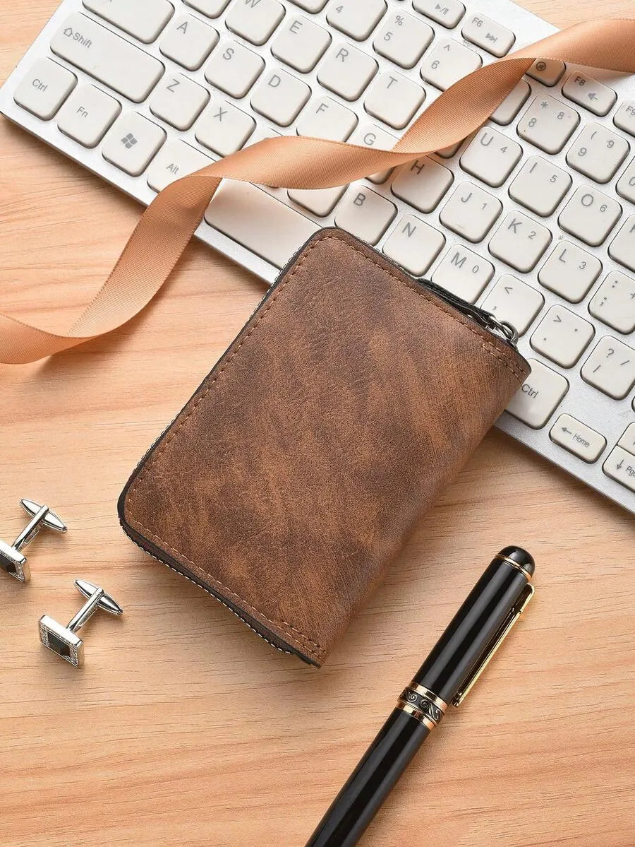 Men’s Vintage Leather Wallet – Compact Zipper & Snap Closure Wallet