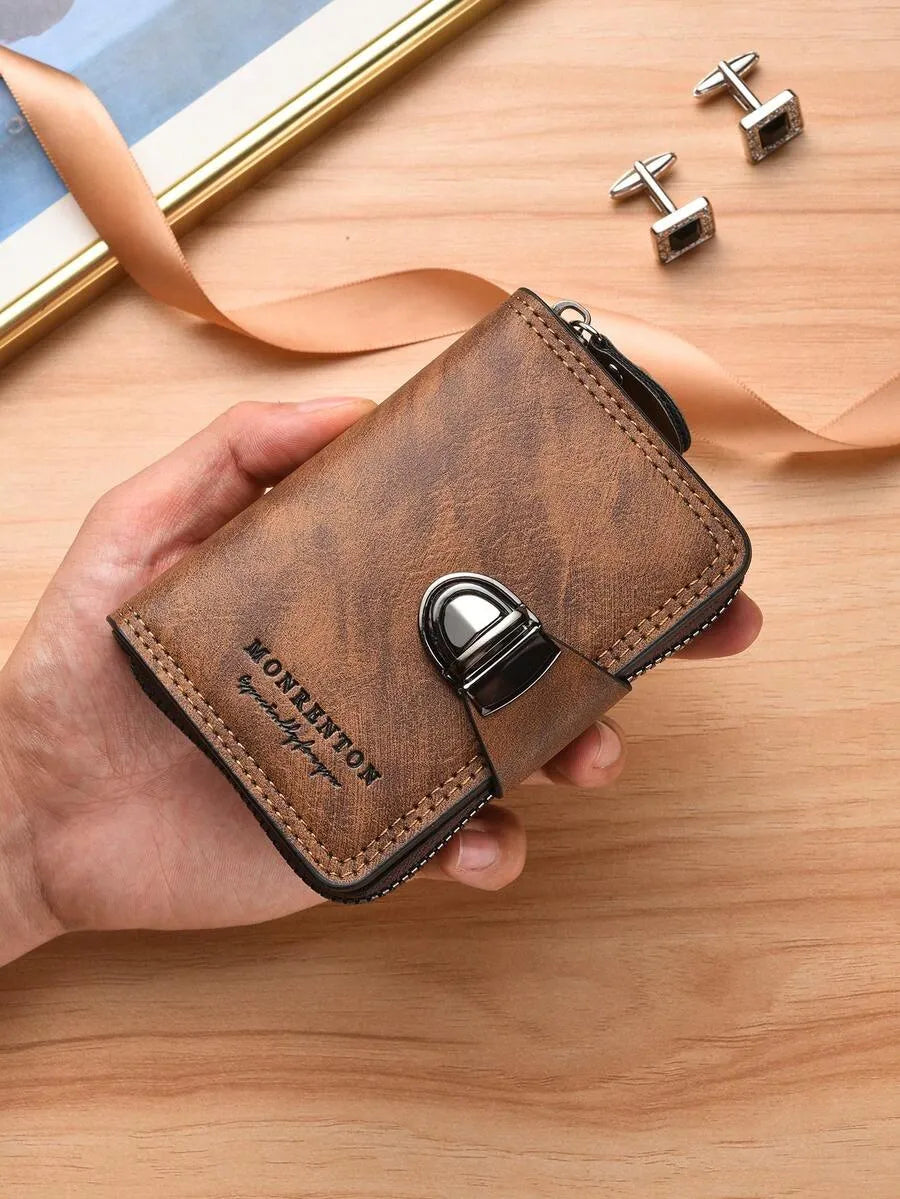 Men’s Vintage Leather Wallet – Compact Zipper & Snap Closure Wallet