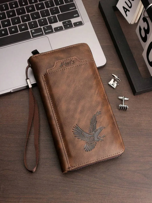 Men's Vintage Distressed Clutch Wallet – 2-Piece Set with Wrist Strap