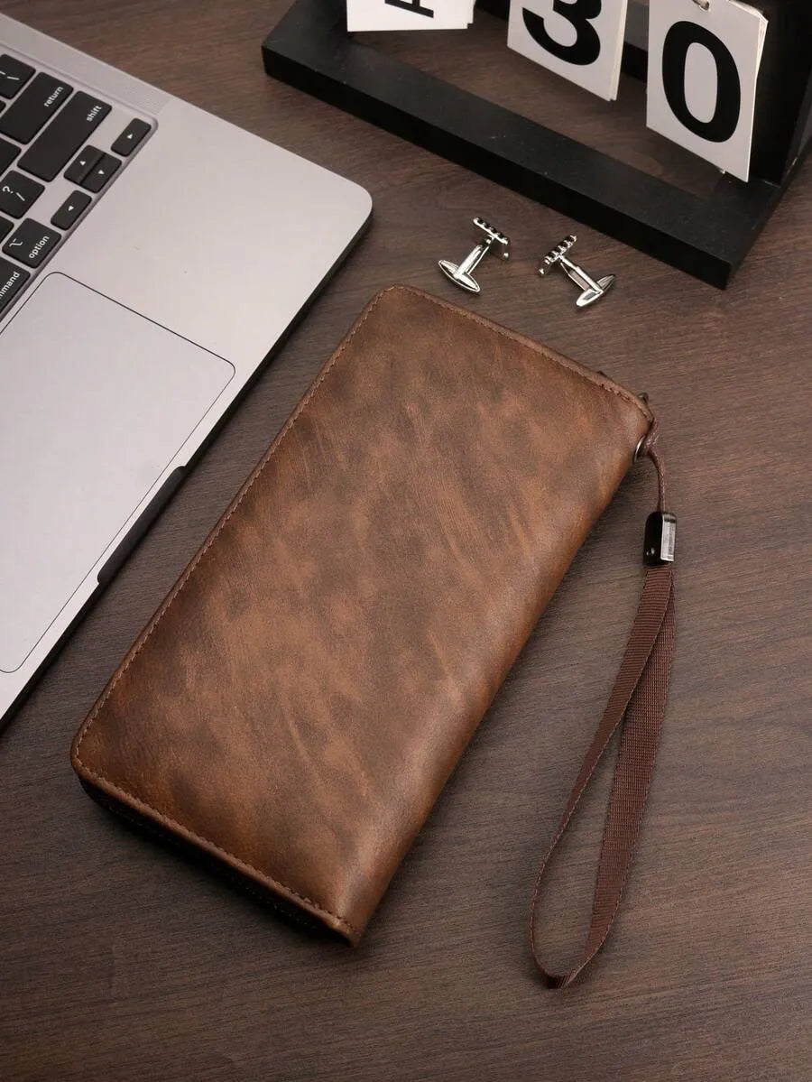 Men's Vintage Distressed Clutch Wallet – 2-Piece Set with Wrist Strap