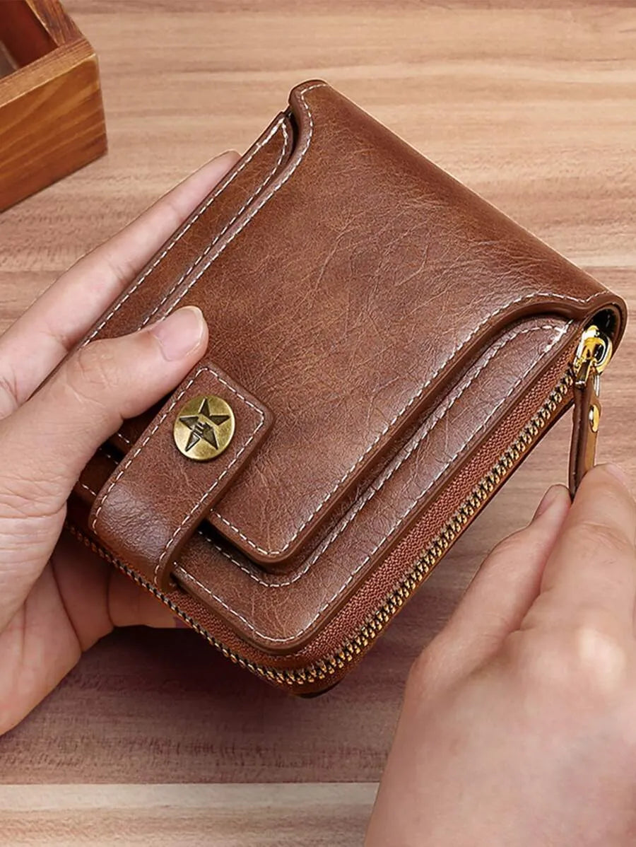 Men’s Vintage Leather Wallet – External Card Slot & Multi-Compartment Design