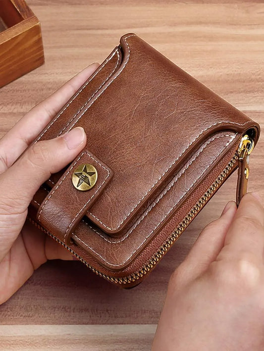 Men’s Vintage Leather Wallet – External Card Slot & Multi-Compartment Design